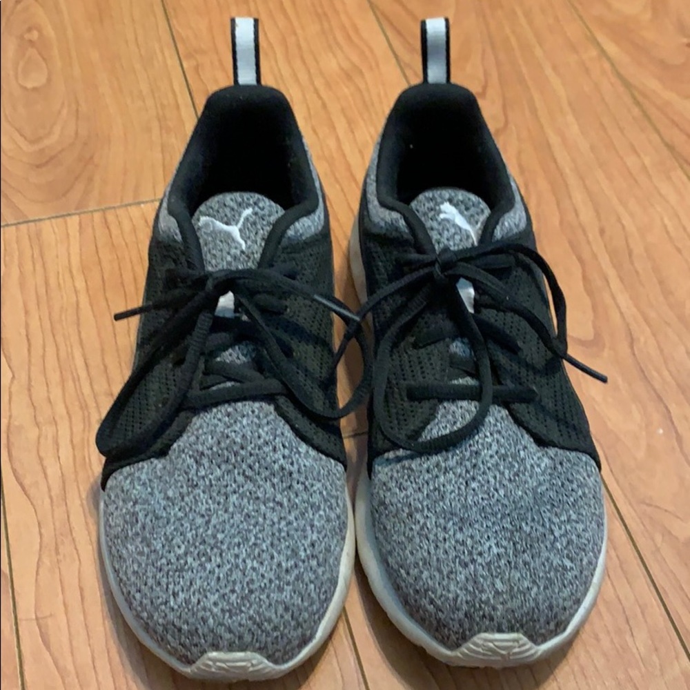 Puma grey, black, and white tennis.